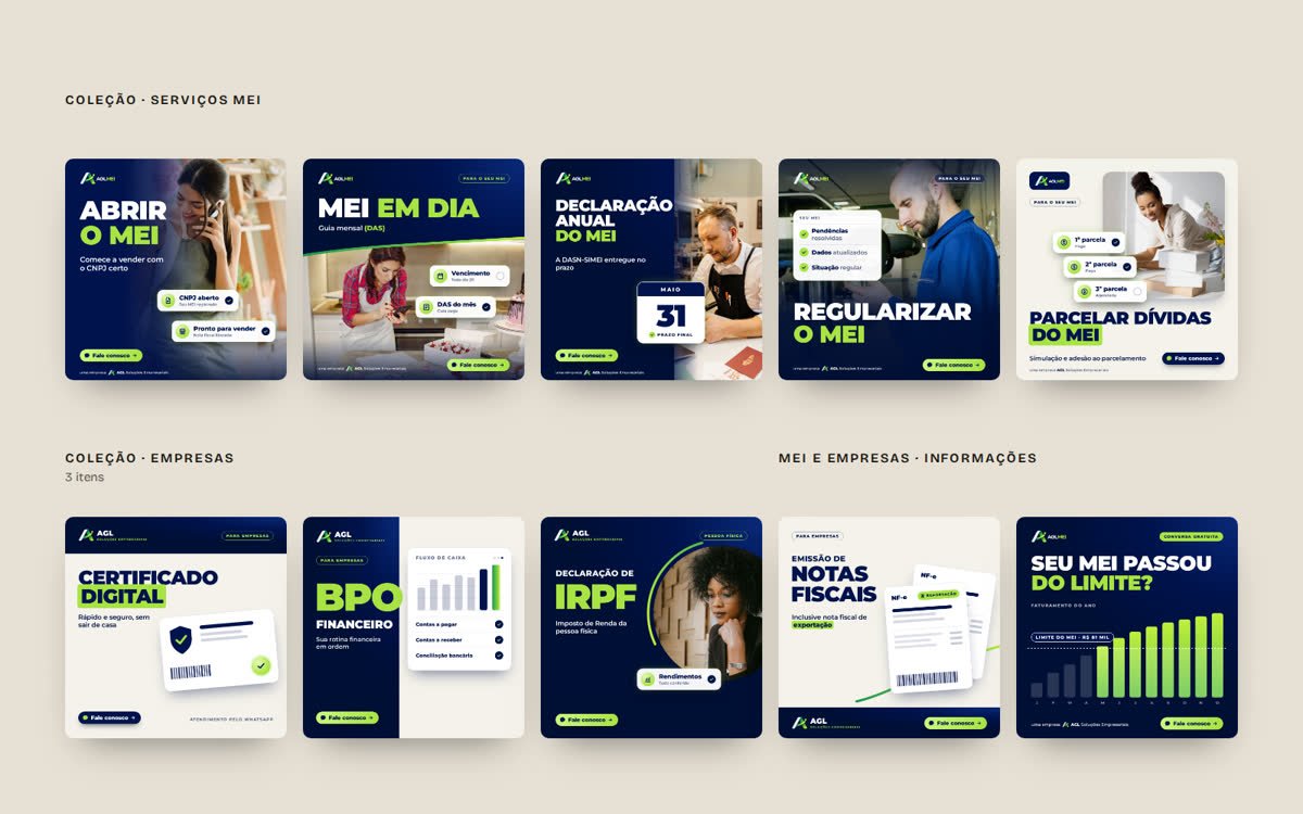 Artes do catálogo do WhatsApp Business organizadas nas coleções Serviços MEI e Empresas